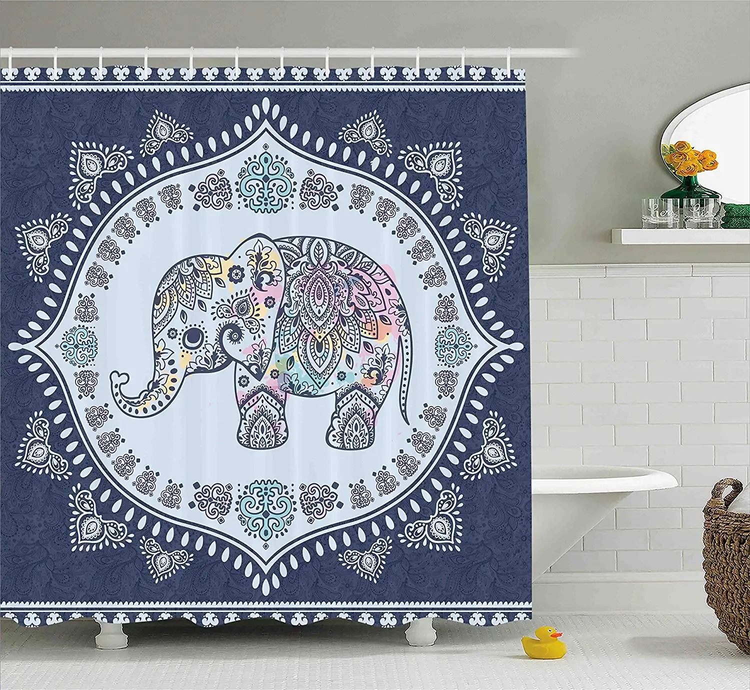Ethnic Shower Curtain Bohemian Elephant Figure with Gypsy Inspirations Spiritual Oriental Figures Graphic Fabric Bathroom Decor | Дом и сад