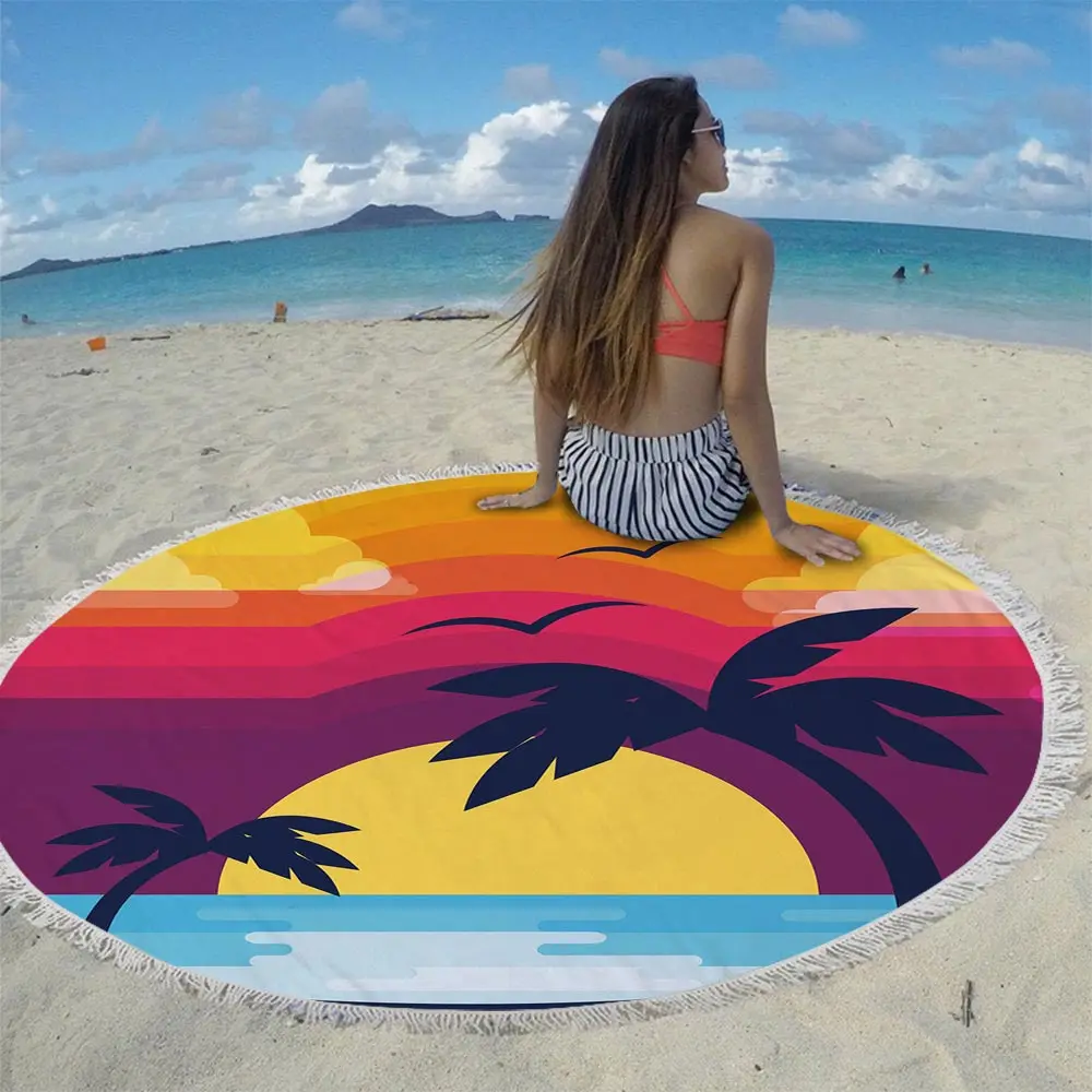 Silstar Tex 150cm Soft Microfiber Round Beach Towel Plam Tree Printed Tassel Yogo Bath Towels Large Size Quick-Dry Blanket | Дом и сад
