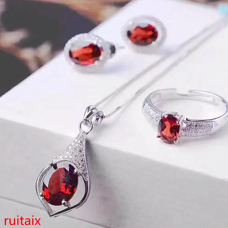 KJJEAXCMY boutique jewels 925 Pure silver inlaid with natural pomegranate stone necklace pendant ring earrings 3 pieces qwert | Украшения и