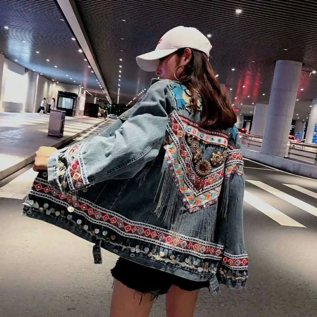 KHALEE YOSE Винтаж вышивка джинсовая куртка бренда Denim хиппи-джинсовые куртки блестки с длинным рукавом Свободная куртка Этническая женская обувь; сезон осень