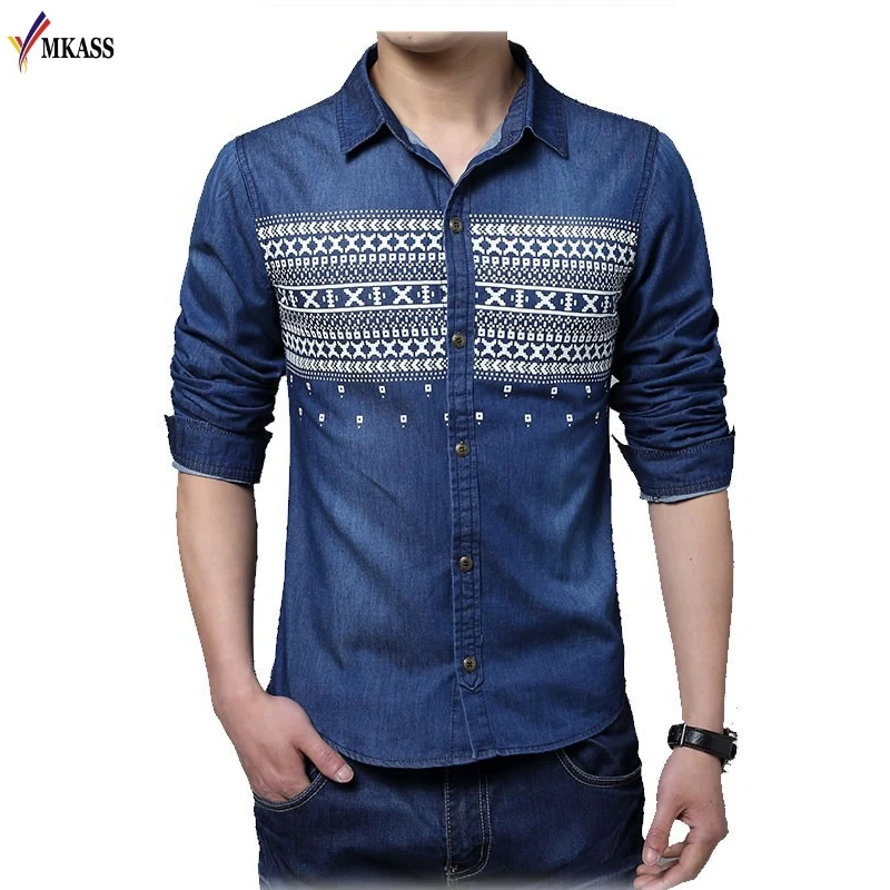 Рубашка мужская джинсовая с длинным рукавом 2017 хлопок 5XL|chemise homme|casual chemisemale slimming |