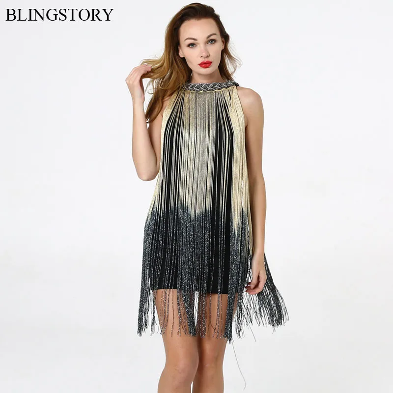 BLINGSTORY платье с открытыми плечами цепочкой и лямкой на шее 1920-х годов кисточка