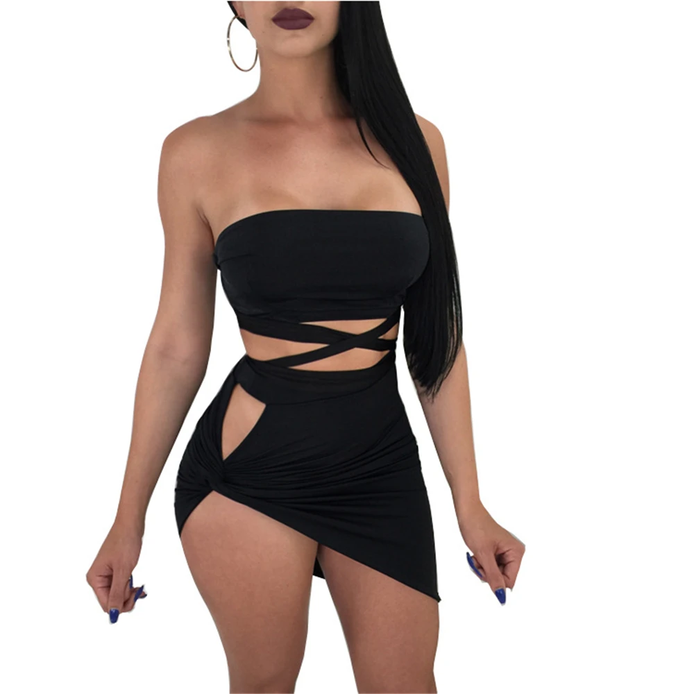 Фото Women Sexy Club Strapless Hollow out Summer Dress 2018 Ladies Irregular Bodycon Bandage Party Mini Dresses Женская одежда Women Sexy Club Strapless Hollow out Summer Dress 2018 Ladies Irregular Bodycon Bandage Party Mini Dresses Женская одежда
