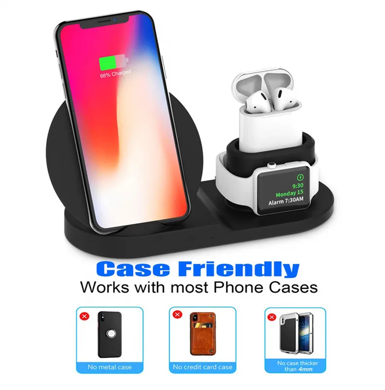 3 в 1 Беспроводная подставка для зарядного устройства для iPhone X Max XR iWatch 3 4 AirPod 10 Вт Qi быстрый беспроводной зарядный блок для samsung Galaxy S10