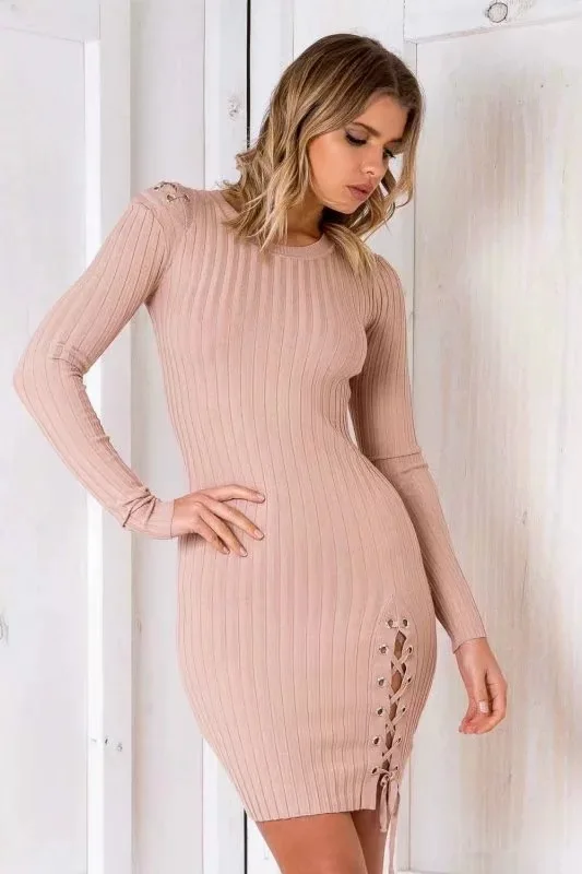 2017 осень-зима Для женщин Платья-свитеры плюс Размеры Кружево Up Skinny трикотажные