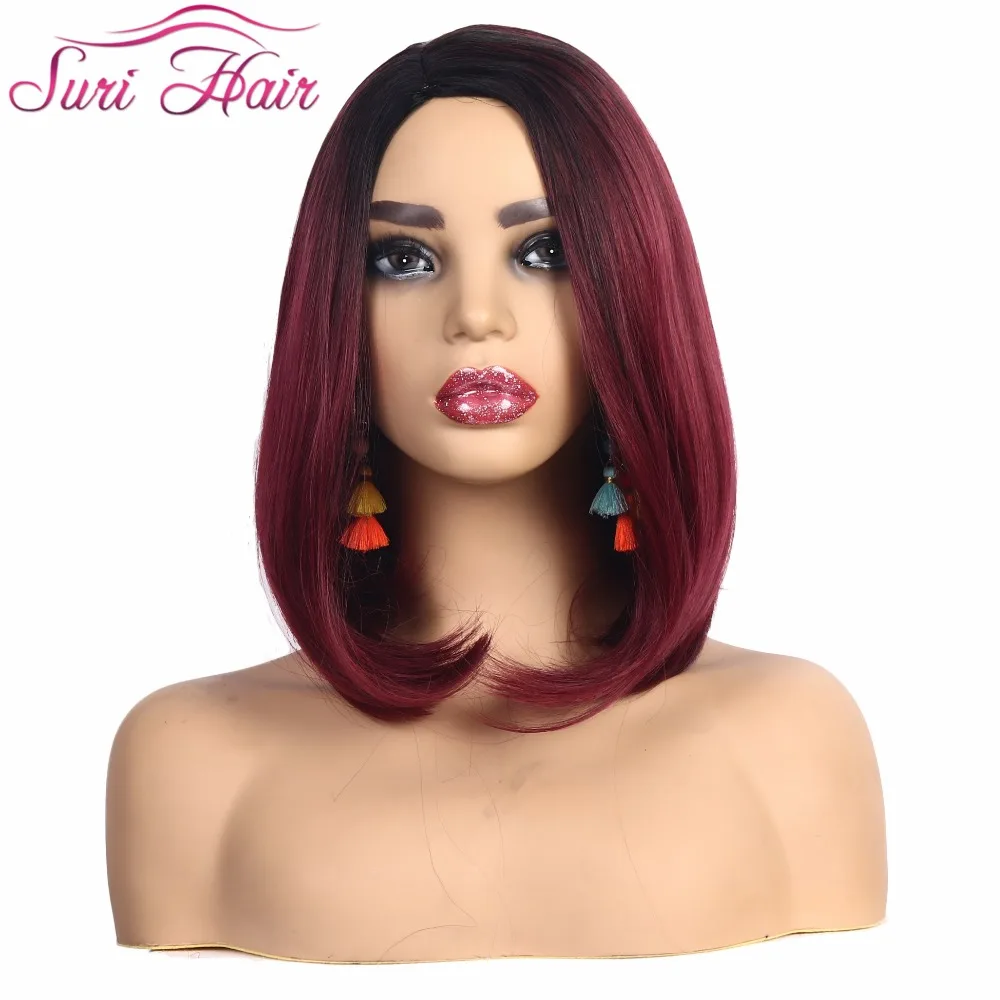 

Suri Hair wig synthetic Ombre Red short Bob straight 12 inches side part no bangs natural hairline for women Two Tang black root