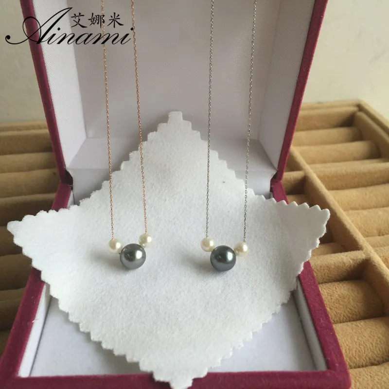 [Ainami] черная жемчужная подвеска в форме Микки 8 5 мм Tahitian Pearl & 2 шт. Белый Akoya морской