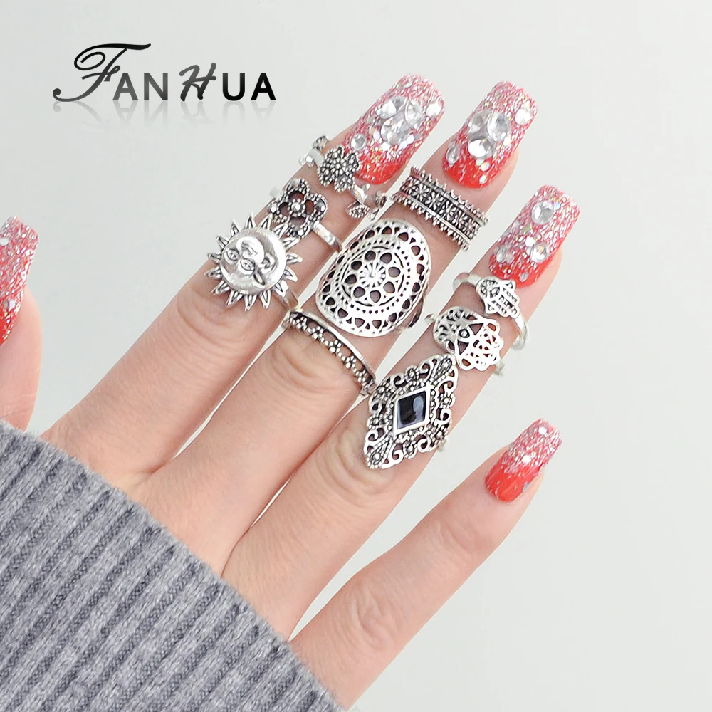 Fanhua 9 шт./компл. Богемия Винтаж панк миди Кольца старинное серебро Цвет