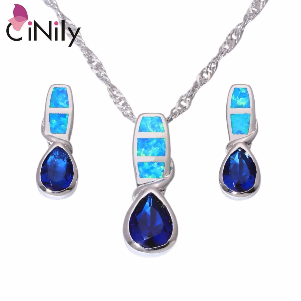 

CiNily Created Blue Fire Opal Blue Stone Silver Plated Wholesale for Women Pendant Necklace Stud Earring Jewelry Set OT165