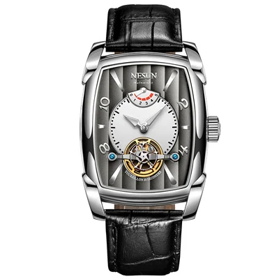 Автоматические механические часы Nesun Tourbillion, часы со скелетом, мужские роскошные Брендовые мужские часы, водонепроницаемые, relogio masculino N9039-3 - Цвет: Sliver