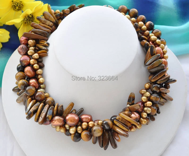 

4strands NATURE tiger's-eye coffee baroque freshwater pearl necklace 18inch