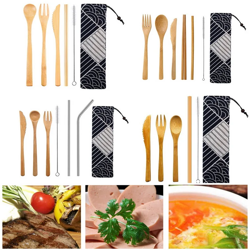 Многоразовый набор деревянных столовых приборов Ложка Вилка Нож соломенная