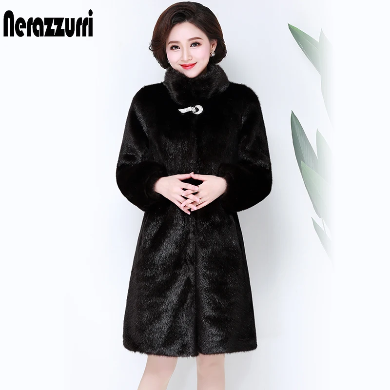 

Nerazzurri Winter Long Black Fluffy Warm Faux Mink Fur Coat Long Sleeve Drawstring Elegant Luxury Middle Age Women Clothing 2021