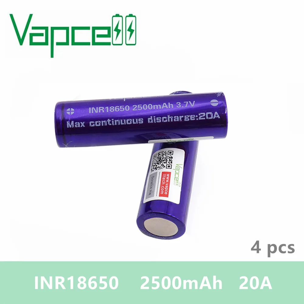 Бесплатная доставка 4 шт. батарея VAPCELL INR18650 2500 мАч литиевая 3 7 в перезаряжаемая 20 А