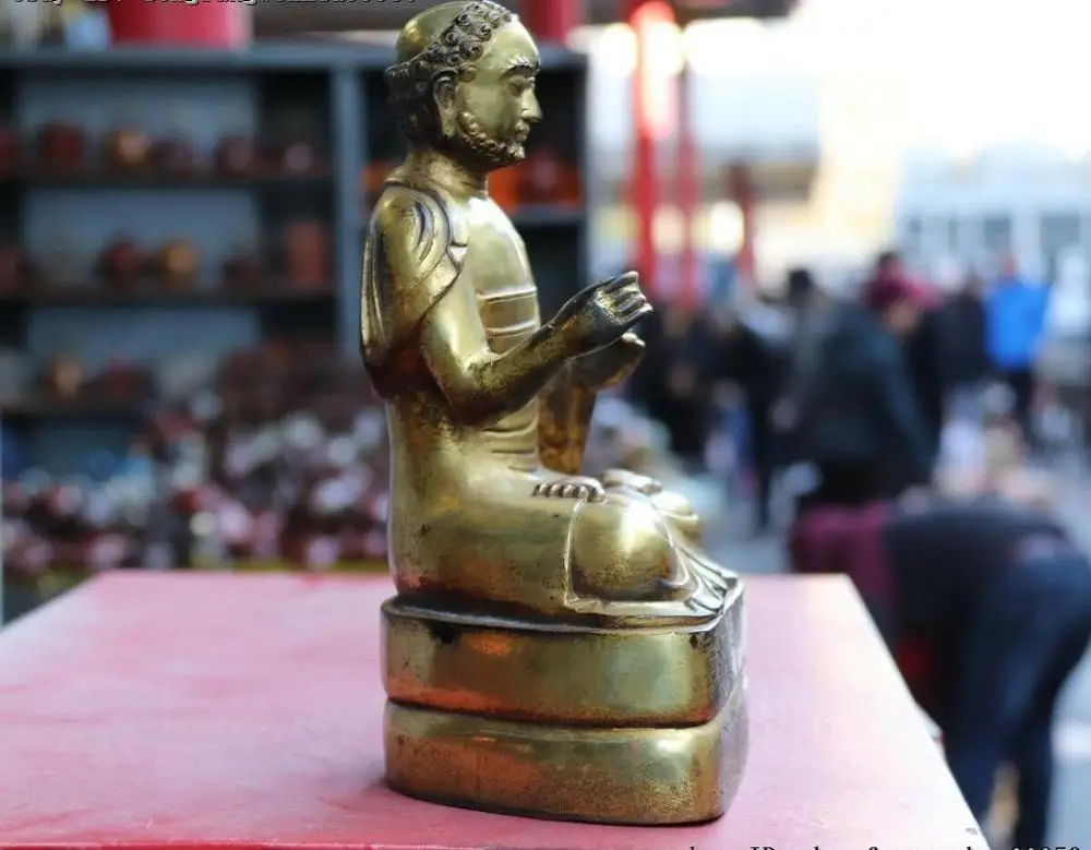 Тибетский фиолетовый Медный позолоченный храмовый стул Arhat Damo Bodhidharma Dharma статуя