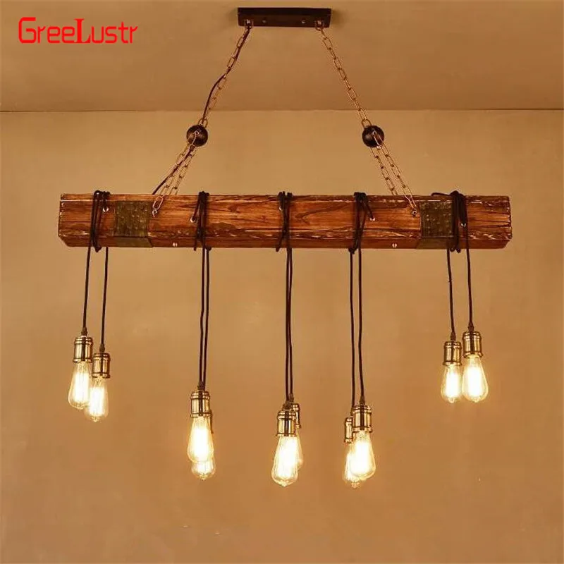 売る レトロな工業用木材 10 ヘッドledペンダントランプヴィンテージロフトバー木製のシャンデリアバーコーヒーショップライト器具lustres