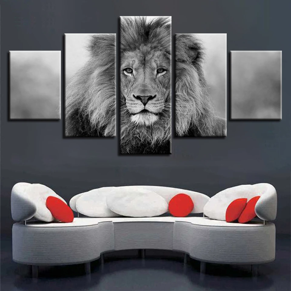 

Black And White Animals Modular Canvas Pictures Art 5 Pieces Lion Poster Decor Living Room Wall HD Printing Paintings Framework