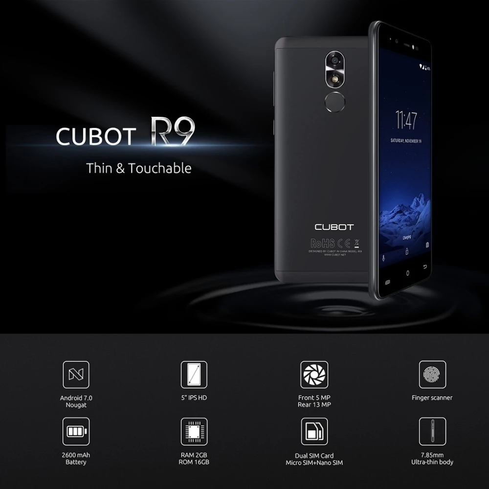 Оригинал CUBOT R9 2 ГБ + 16 мобильных телефонов отпечатков пальцев ID 5 0 ''Android 7 MTK6580 4