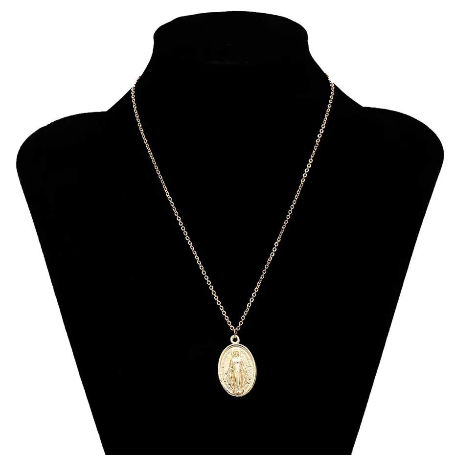 Golden Ingemark, простое, винтажное, резное ожерелье с кулоном в виде монеты, крупное лицо, Богиня Девы Марии, розы, ангела, длинная цепочка, ожерелье для женщин - Окраска металла: Golden
