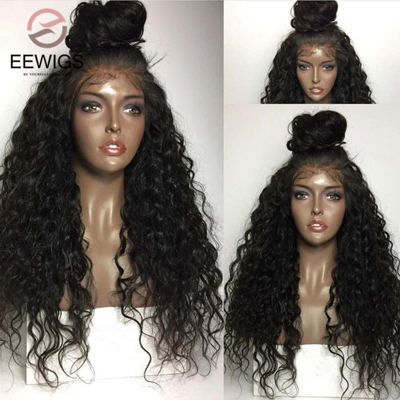 EEWIGS натуральный черный синтетический парик фронта шнурка Glueless 180% плотность афро кудрявые парики термостойкие для женщин можно положить конский хвост