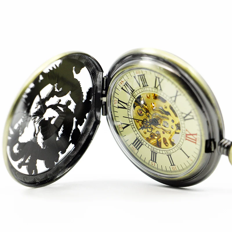 Chinese Flying Dragon&Phoenix Mechanical Pocket Watch Skeleton Steampunk Watches Chains Fob Clip Clock Gift PJX1272 | Наручные часы