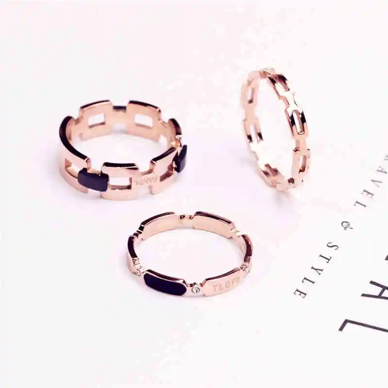 

YUN RUO New Arrival Fashion Black Geometric Ring Rose Gold Color Woman Gift Party Titanium Steel Jewelry Top Quality Not Fade