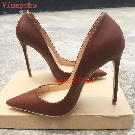 Vinapobo/Новинка; коричневые матовые туфли на высоком каблуке; женские низкие Туфли-лодочки на высоком каблуке 12 см с острым носком; кожаные тонкие женские свадебные туфли - Цвет: 8cm
