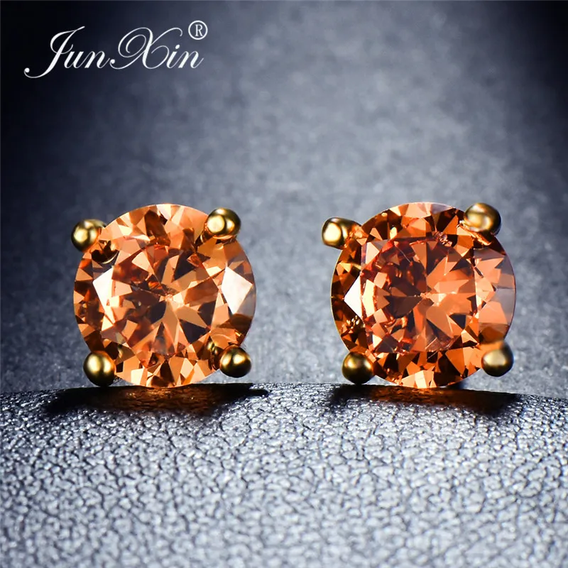 JUNXIN Mystic Multicolor Zircon Round Stud Earrings For Women Yellow Gold Filled Purple Green Blue Stone Wedding Female | Украшения и