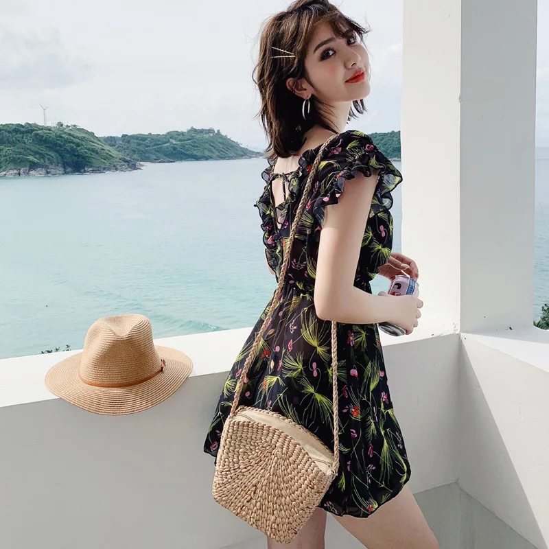 Женский купальник с открытой спиной черный купальный костюм принтом и лямкой на