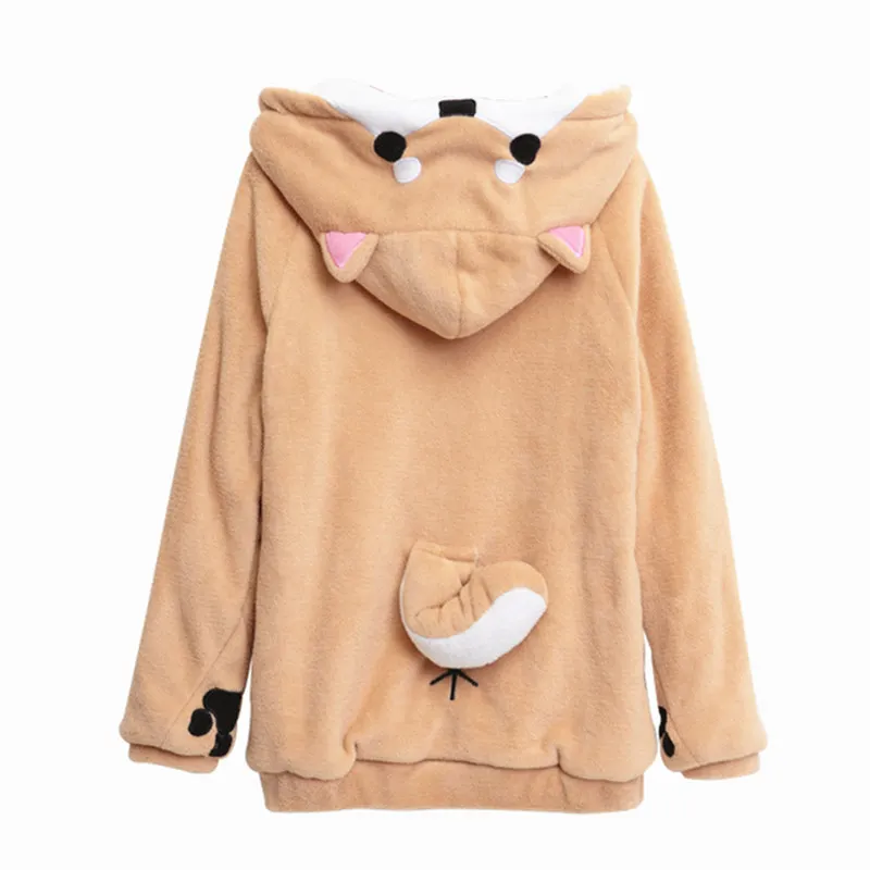 Harajuku японский Kawaii толстовки женские с ушками милые Doge Muco зимние плюшевые Аниме