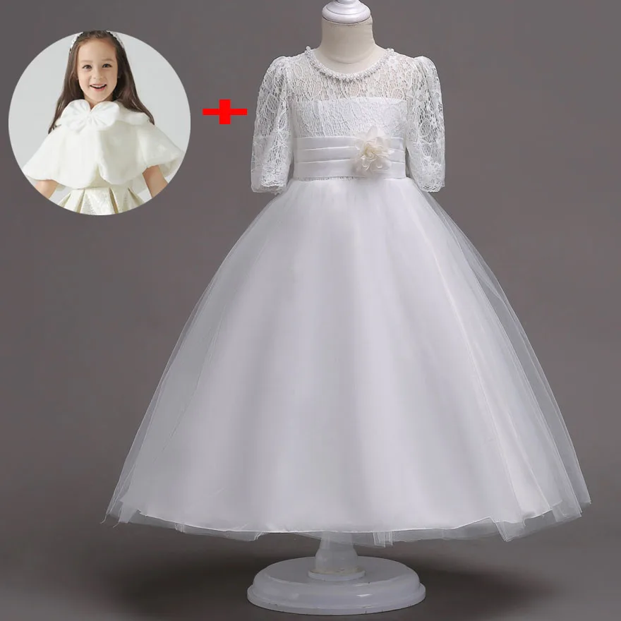 New Evening Lace Pearl Top Girls Party Wedding Dresses for Spring Lace-girls-dress-sleeves White Navy Dress Kids Elegant | Детская