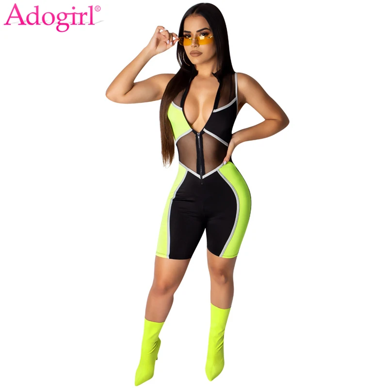 

Adogirl Color Patchwork Sheer Mesh Jumpsuit Front Zipper V Neck Sleeveless Slim Playsuits Women Sexy Night Club Romper Overalls