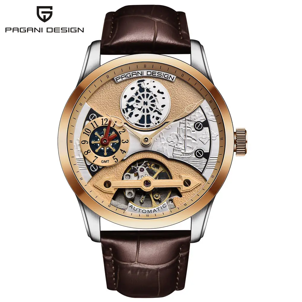 PAGANI Дизайн мужские часы лучший бренд класса люкс Tourbillon механические Водонепроницаемые кожаные каркасные часы с автоматическим подзаводом серии Voyager - Цвет: Leather gold