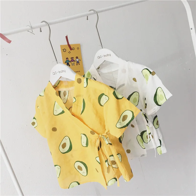 Japanese Style Cotton Baby Kimono Tracksuit Avocado Printed 2pcs/set Pants+tops Kids Boy Girls Clothing Set Child Infant Clothes | Детская