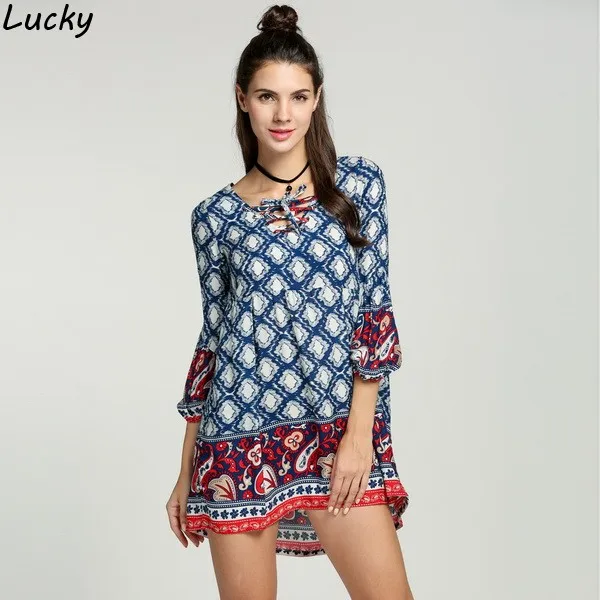 Печатные Для женщин летние платья V Средства ухода за кожей Шеи 3/4 рукава