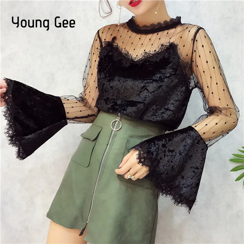 

Young Gee Sexy Women Dots Lace Blouses Shirts Spring Elegant Flare Sleeve Ruffles See-Through Velvet Top Casual Tee Shirt blusas