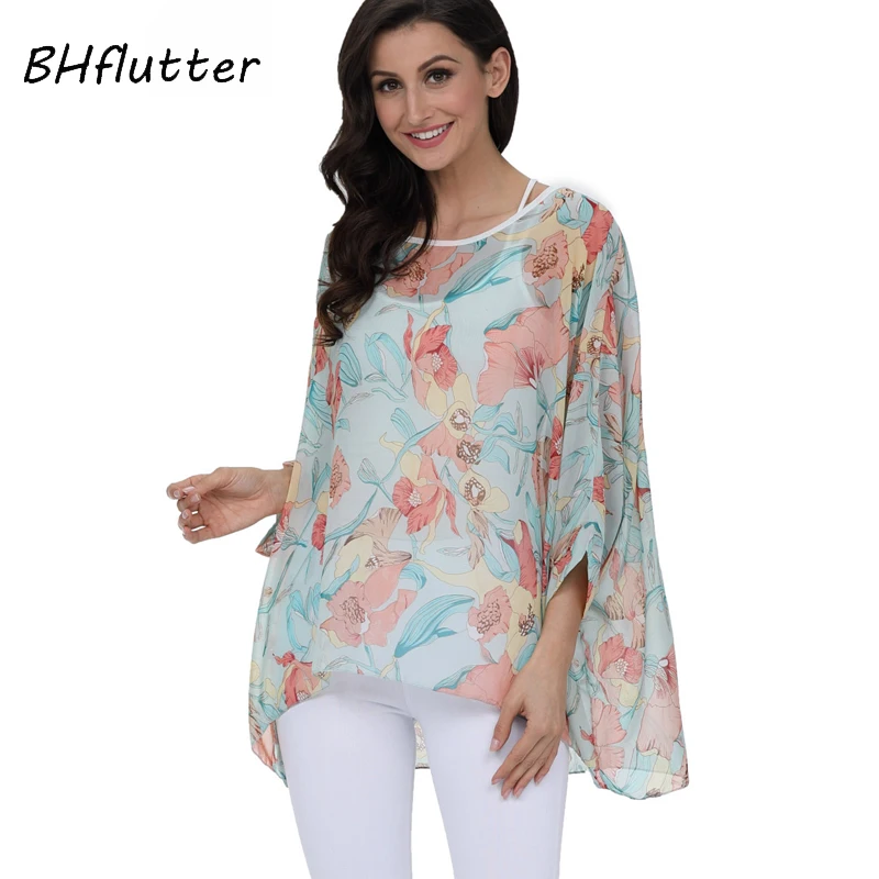

BHflutter New 2018 Women Blouse Shirt Boho Style Fashion Floral Print Chiffon Tops Tees Casual Batwing Summer Blouses Blusas