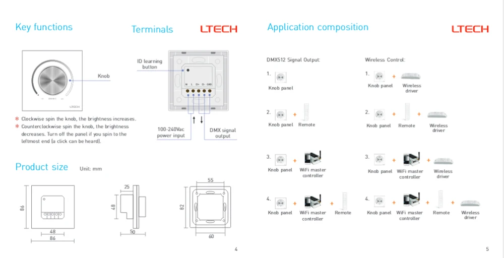 LTECH EX61 Dimming Knob Panel AC100~240V Input 2.4GHz DMX512 Output Wall Mount LED Controller Dimmer For Led Lights | Освещение