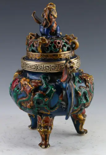Редкие Cloisonne ручной работы Дракон благовония горелки и Foo крышка собаки w Xuande