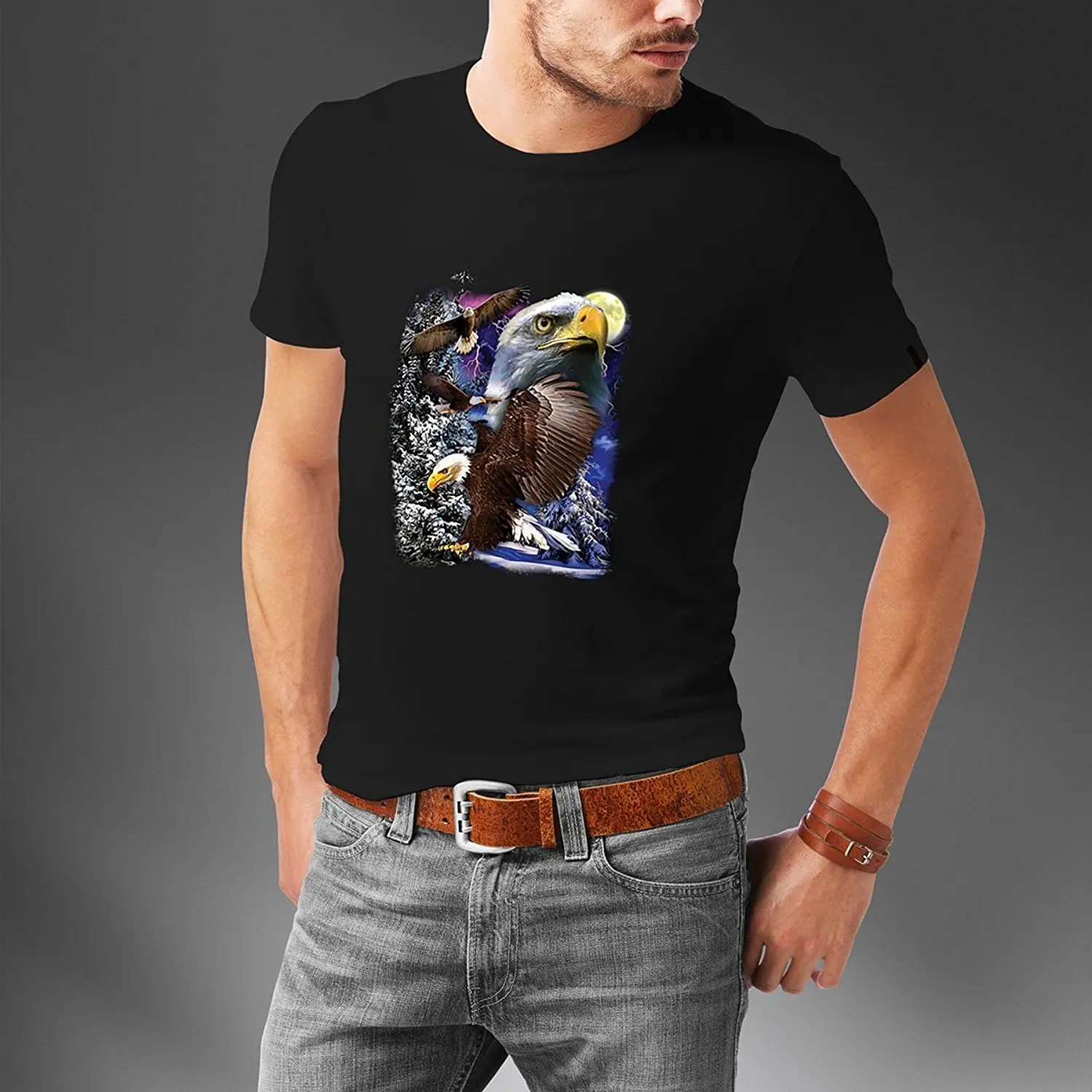 2019 New Fashion Tee Shirt Casual Golden Eagle With Moon and Snow T-Shirt | Мужская одежда