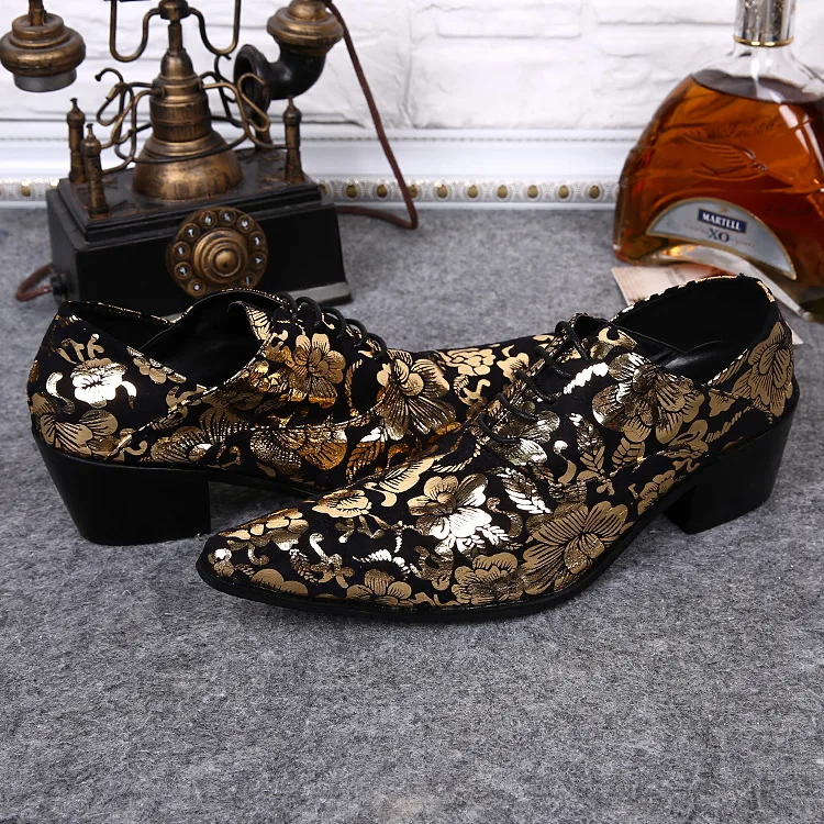New Vintage Floral Men Dress Wedding Party Shoes Black Genuine Leather Invisibly Heightening Increasing Yellow Mocassim Masculin | Обувь