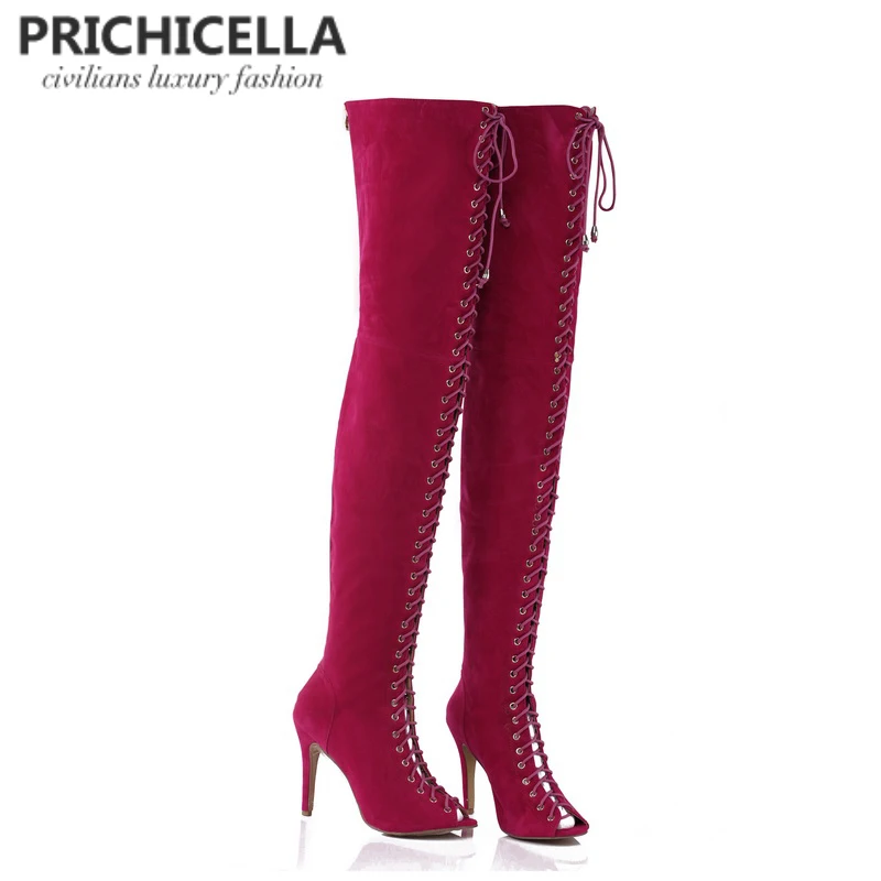 Женские ботфорты с открытым носком PRICHICELLA красные черные Коричневые Высокие