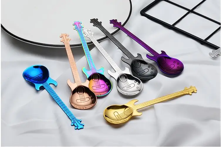guitar bass coffee spoon create 304 stainless steel scoop rose gold black cutlery tea accessories teaspoon |