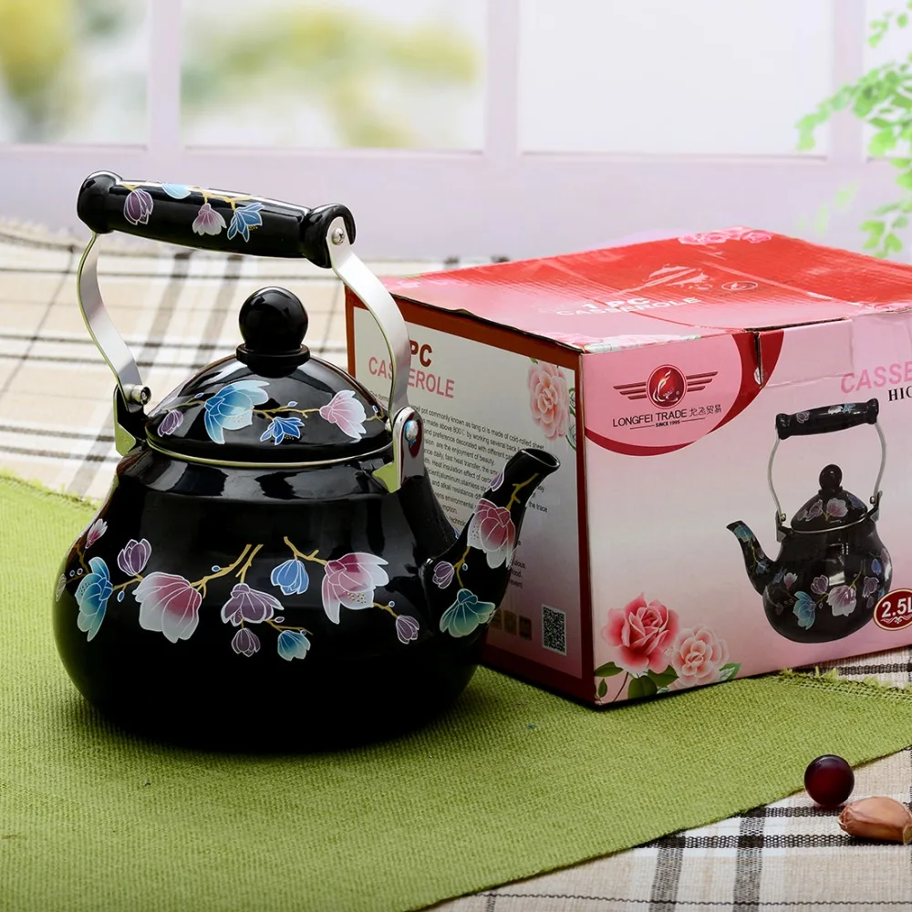 

1.5L 2.0L 2.5 L Black FlowerPattern Enamel Water Pot Coffee Tea Pot Chinese Traditional Creative Water Kettle for Home Kitchen