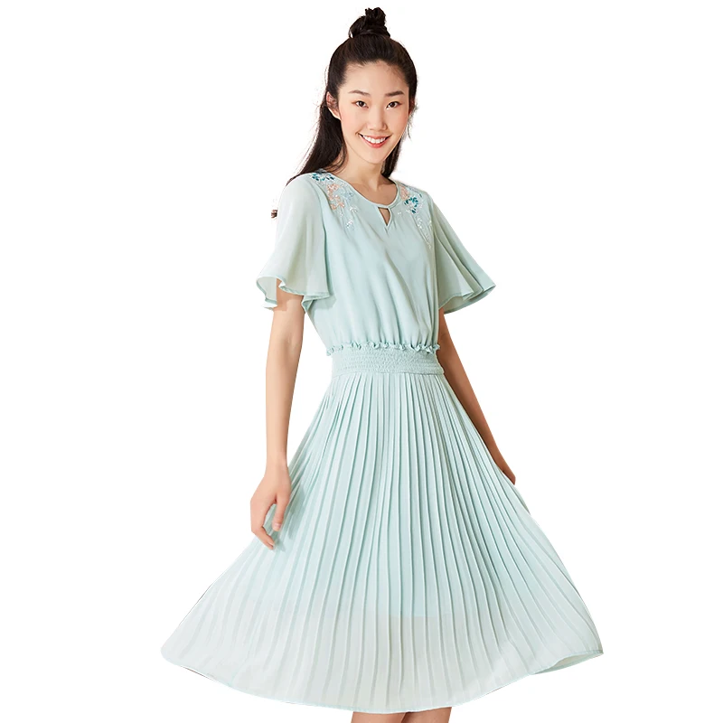 2017 Flare Рукавом Туника Платье Женщины Розовый V Шеи Летние Цветочные Вышивка