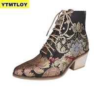 retro bohemian women boots printed ankle vintage motorcycle booties ladies shoes woman 2019 new embroider high heels boots