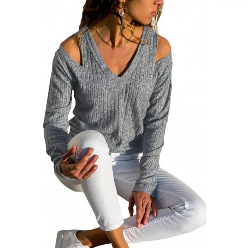 Pullover Female Rib Knit Long-Sleeved Top Winter Clothes Women V-Neck Cold Shoulder Sweater Casual Pure Color Autumn | Женская одежда