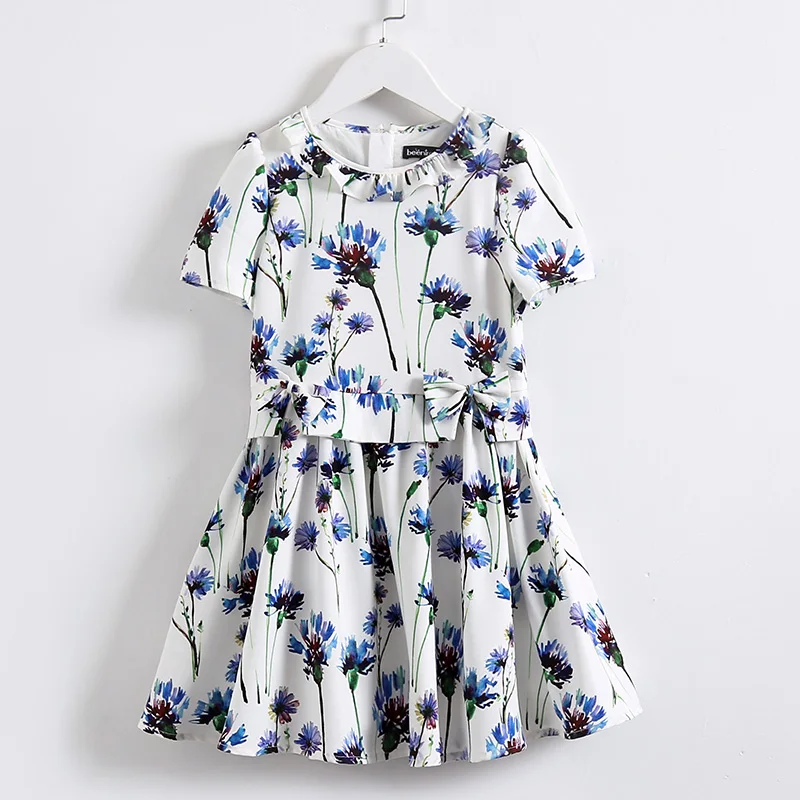 

Summer Kids girls 100-160cm fashion Clothing children party short sleeve floral print girl dress teenager infant pleated dresses