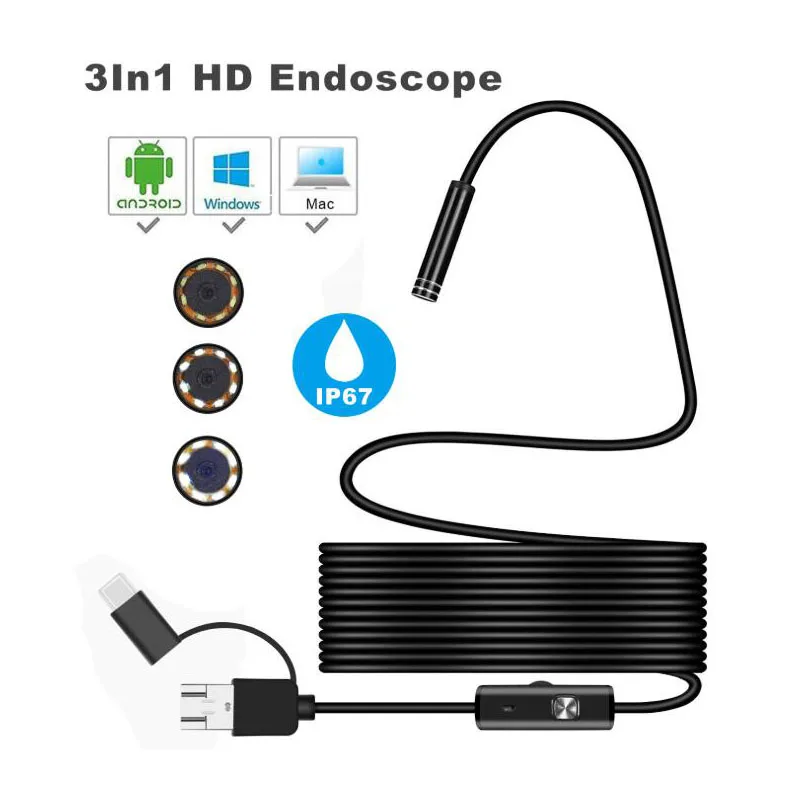 Камера-Эндоскоп 5 мм 3 в 1 USB водостойкая IP67 6 светодиодов | Инструменты