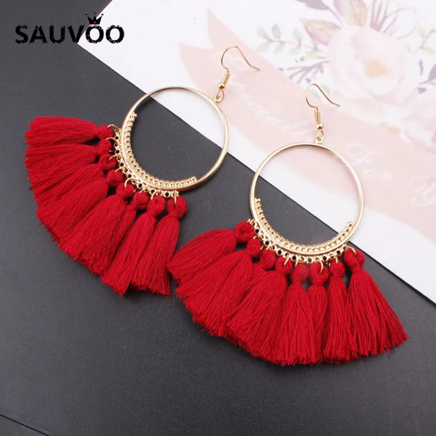 Sauvoo 2018 модные круглые шелковые кисточки для серег женщин этнические богемные